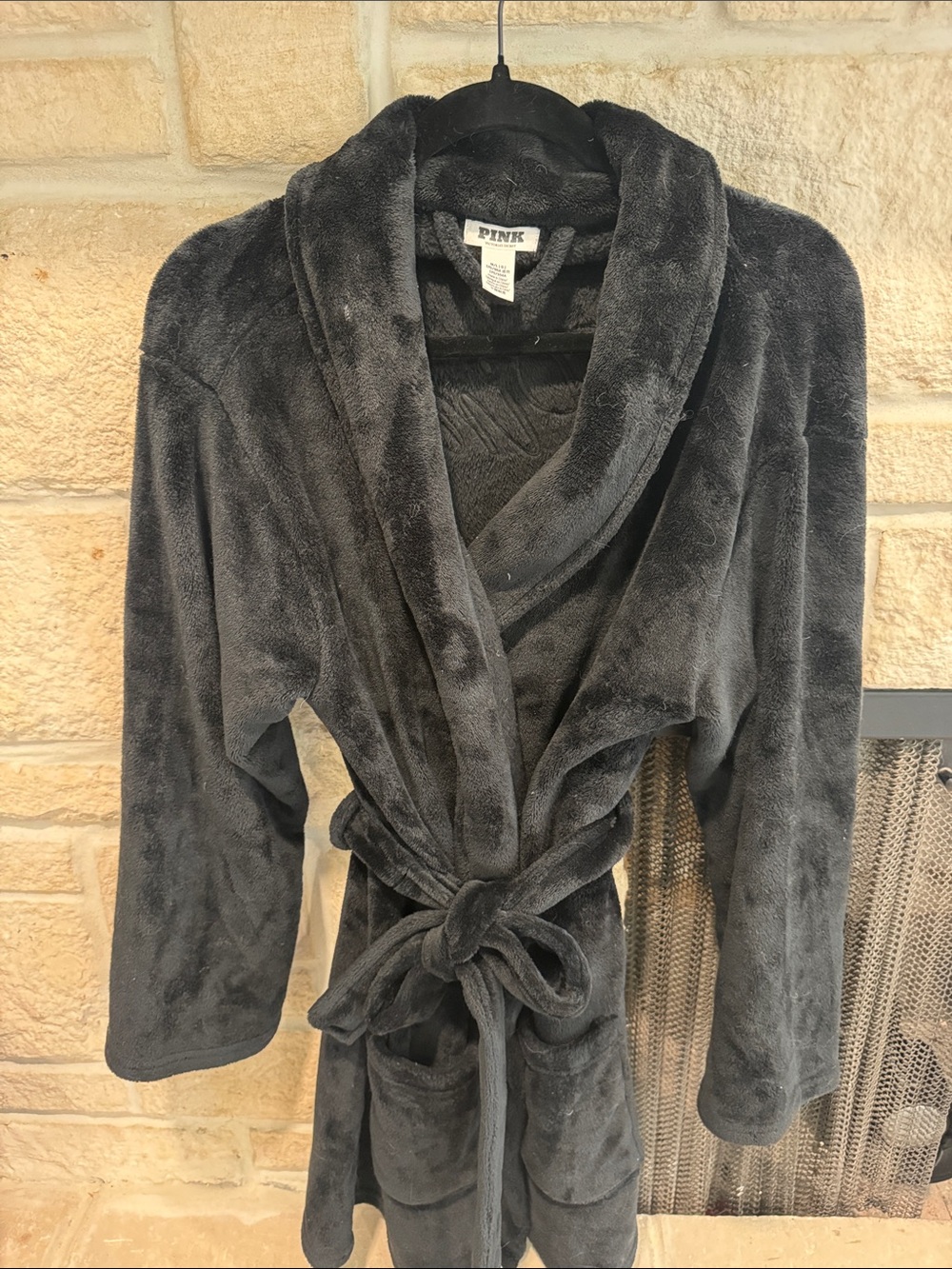 Pink by Victoria Secret Women's Black Plush Wrap Robe - PINK Victoria's Secret